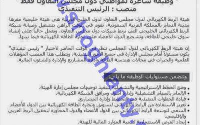 وظيفة رئيس تنفيذي في هيئة الربط الكهربائي الخليجي للخليجيين والسعوديين وحملة بكالوريوس هندسة