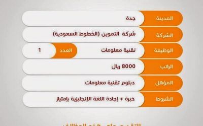 وظيفة تقنية معلومات في شركة التموين الخطوط السعودية راتب 8000 ريال في جدة