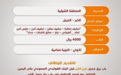 وظائف في #الجبيل و #الخبر رواتب 4000 لحملة الثانوية والثانوية الصناعية