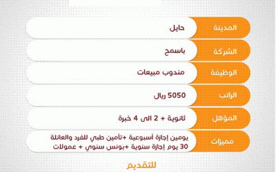 وظائف في #حائل رواتب 5000 ريال لخريجي الثانوية العامة مندوبي مبيعات