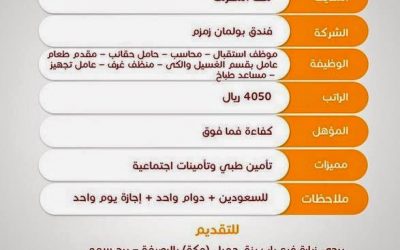 وظائف فندق في #مكة استقبال ومحاسب ومقدمي طعام وعمال