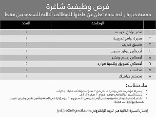 وظائف في جدة مدير برامج تدريبية واخصائي اعلام ونشر وتسويق ومجاسب ومصمم جرافيك