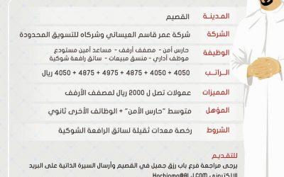 وظائف القصيم :ـ حراس امن ومصففين ومساعدين وإداريين ومنسقين مبيعات رواتب حتى 4800  ريال