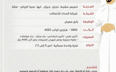 وظائف في #نجران #جيزان #ابها #الرياض #صبيا #مكة الحداد للاتصالات رواتب حتى 4250 ريال
