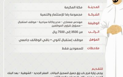 وظائف #مكة المكرمة مهندس معماري ومدير وكالة سياحة وموظفي استقبال وشؤون موظفين رواتب حتى 7500 ريال
