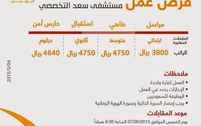 مستشفى سعد التخصصي في #الخبر وظائف أمن واستقبال ومراسلين وطهاة