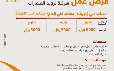 شركة تزويد المهارات وظائف مساعدي فني كهربائي ولحام وتكييف  رواتب 5000 ريال