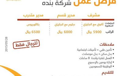 شركة بندة وظائف في #الاحساء #الدمام #الخبر #الجبيل مشرف ومدير قسم ومدير متدرب رواتب حتى 6500 ريال