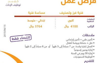 وظائف نسائية في #بريدة #القصيم فنية فرز ومساعدة فنية للمؤهلات من الثانوية وأقل