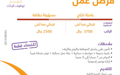 وظائف نسائية في #الخرج عاملات انتاج ومسؤولات تنظيف لحملة الابتدائي