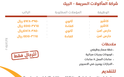 شركة البيك وظائف كاشير وحراس امن في #جدة لحملة الكفاءة المتوسطة والثانوية