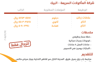 شركة البيك في #جدة وظائف عمال انتاج وعلاقات زبائن لحملة الدبلوم والثانوي والكفاءة