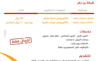 شركة بن زقر وظائف في #القصيم لحملة البكالوريوس اعمال وموارد بشرية