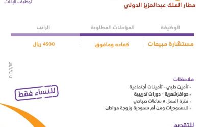 مطار الملك عبدالعزيز وظائف مستشارات مبيعات رواتب 4500 ريال لحملة الكفاءة واكثر