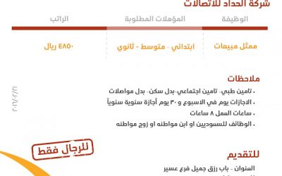 شركة الحداد وظائف ممثلي مبيعات في #ابها و خميس مشيط رواتب 4850 ريال