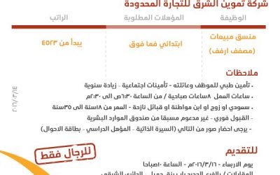 شركة تموين الشرق ظائف منسقي مبيعات ومصففي ارفف رواتب 4523 ريال