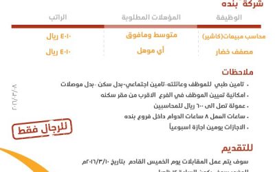 شركة بندة وظائف كاشير ومصففي خضار رواتب 4010 ريال واعلى في #جدة