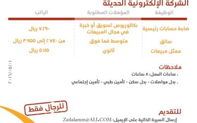 الشركة الالكترونية الحديثة وظائف ضابط حسابات وسائق وممثل مبيعات في #الرياض