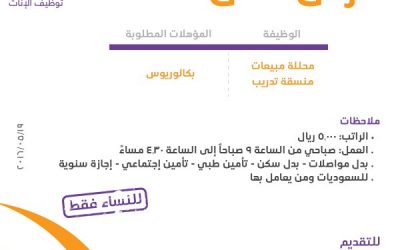 وظائف نسائيه في #جدة محللة مبيعات ومنسقة تدريب لحملة البكالوريوس