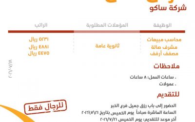شركة ساكو وظائف محاسبين ومصففي ارفف ومشرف صالة  في #الخبر رواتب حتى 5231 ريال