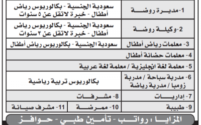 وظائف مديرة روضة ووكيلة ومعلمات وإداريات ومشرفات وتمريض في #الرياض