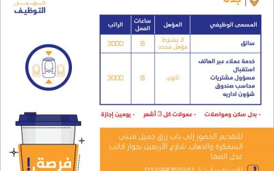 وظائف في #جدة سائق واستقبال وخدمه عملاء ومحاسب صندوق وشؤون إداريه