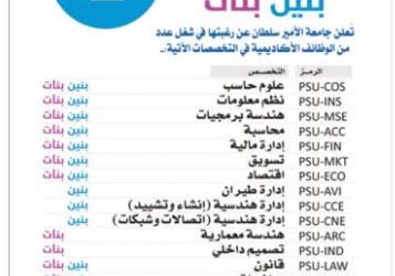 جامعة الأمير سلطان وظائف اكاديمية لحملة الدكتوراه للجنسين