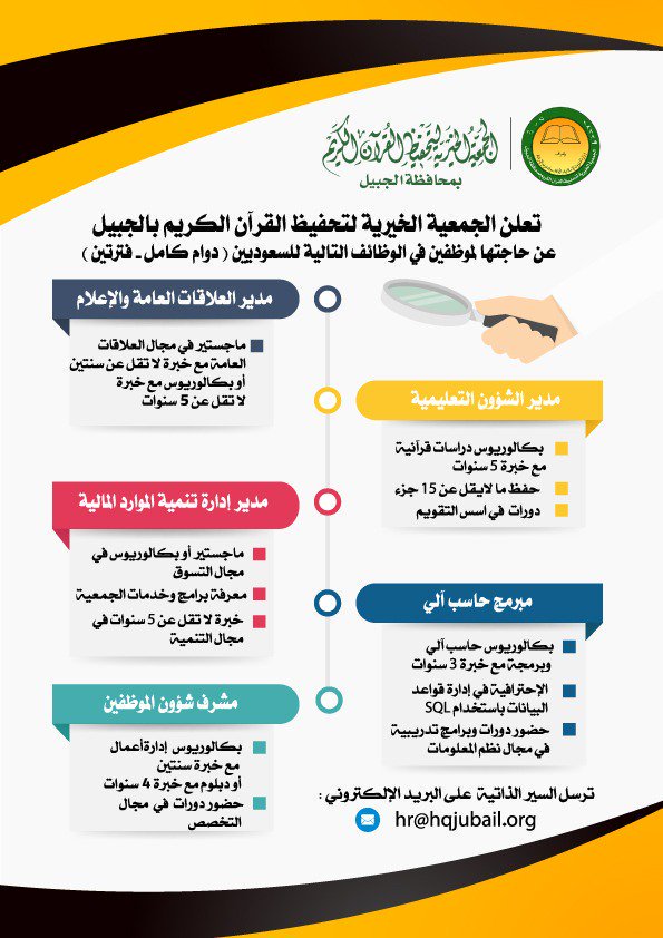 جمعية تحفيظ القرآن في الجبيل وظائف قيادية وحاسب وشؤون موظفين