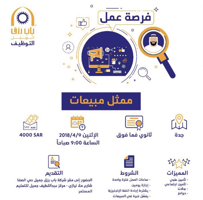 وظائف ممثلي مبيعات في جدة رواتب 4000 ريال التقديم الاثنين