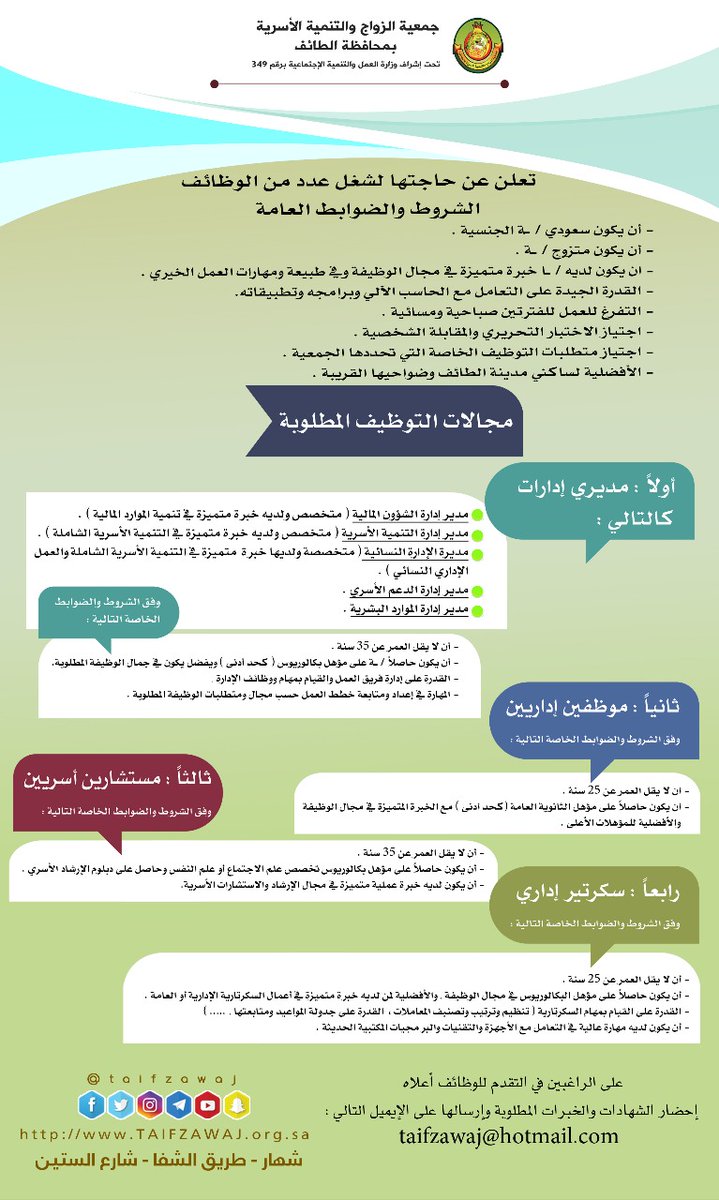 جمعية الزواج في الطائف وظائف إداريين ومدراء ومستشاريين اسريين وسكرتير إداري