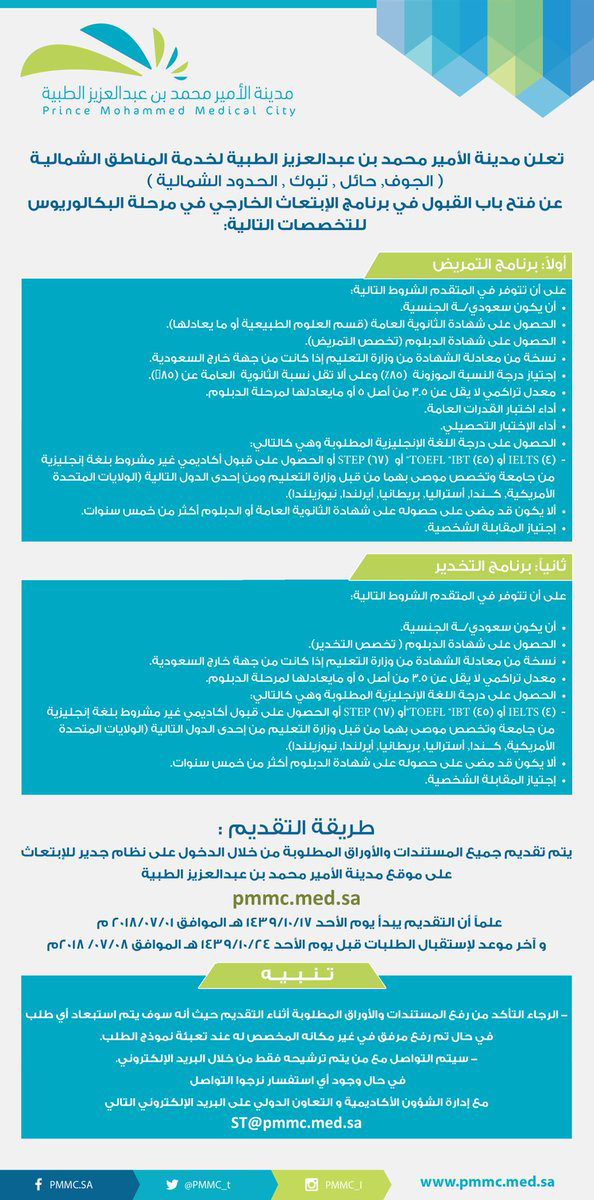 مدينة محمد بن عبدالعزيز الطبية ابتعاث للجنسين لخريجي  التمريض والتخدير