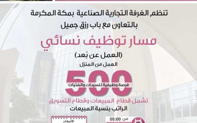 غرفة مكة تطرح 500 وظيفة عمل عن بعد من المنزل بالتعاون مع باب رزق جميل