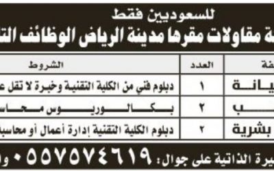 وظائف في الرياض مشرف صيانة وموظفي موارد بشرية ومحاسب