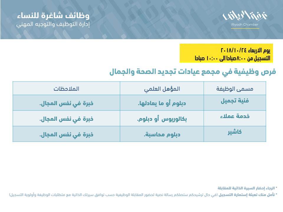 وظائف غرفة الرياض النسائية بأعداد كبيرة بالمسميات التالية