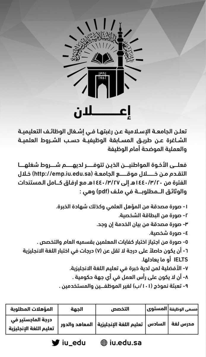 الجامعة الاسلامية في المدينة المسابقة الوظيفية للوظائف التعليمية