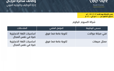 اكسيوم تليكوم وظائف ممثل مبيعات وفني صيانة جوالات لحملة الثانوية