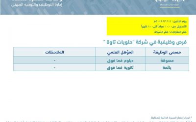 شركة حلويات تاوة وظائف نسائية في الرياض مسوقة و بائعة