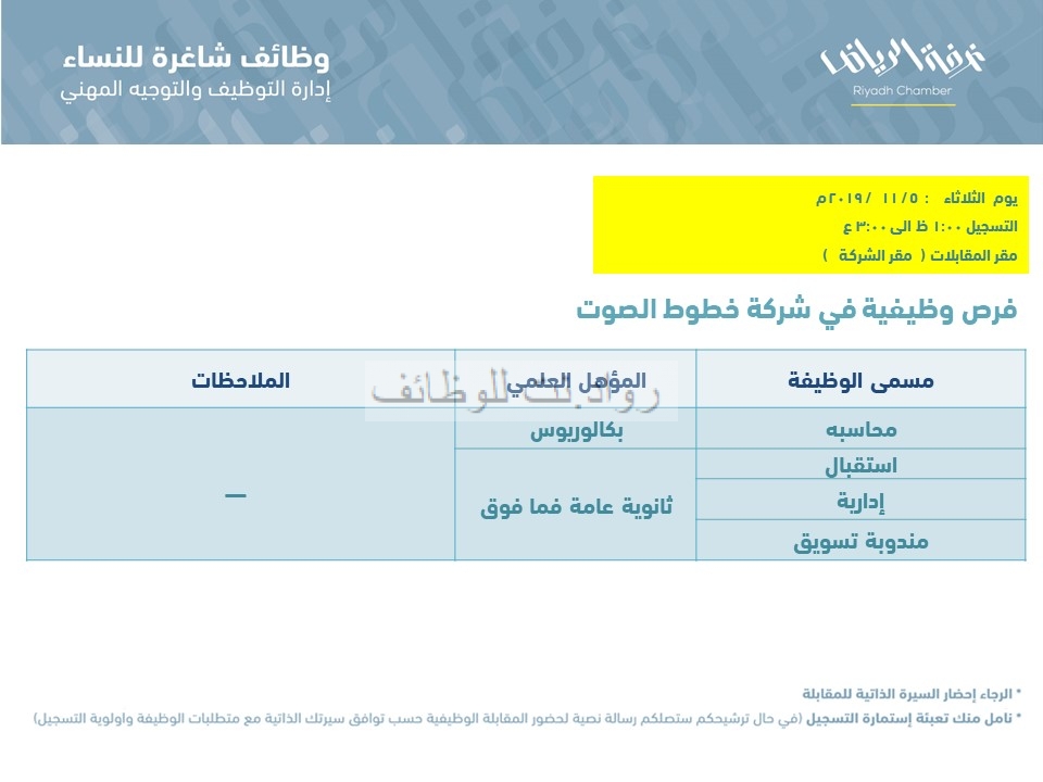 شركة خطوط الصوت وظائف محاسبة واستقبال وإدارية ومندوبة تسويق