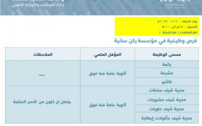 موسسة ركن سانية وظائف نسائية بائعة ومشرفة وكاشير ومدربات