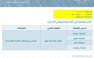 اكاديمية فيلوتي للتدريب وظائف اخصائية مبيعات ومشرفة معرض ومصففة في الرياض
