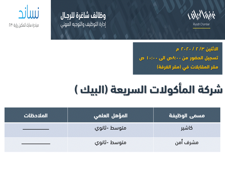 وظائف البيك في الرياض كاشير ومشرف أمن