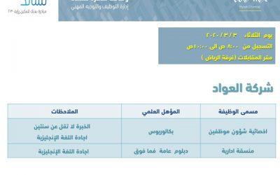 شركة العواد وظائف نسائية اخصائية شؤون موظفين  ومنسقة إدارية