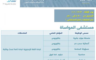مستشفى المواساة وظائف منسقة موارد واخصائية سحب دم ومسؤولة سلامة ومحاسبة واستقبال