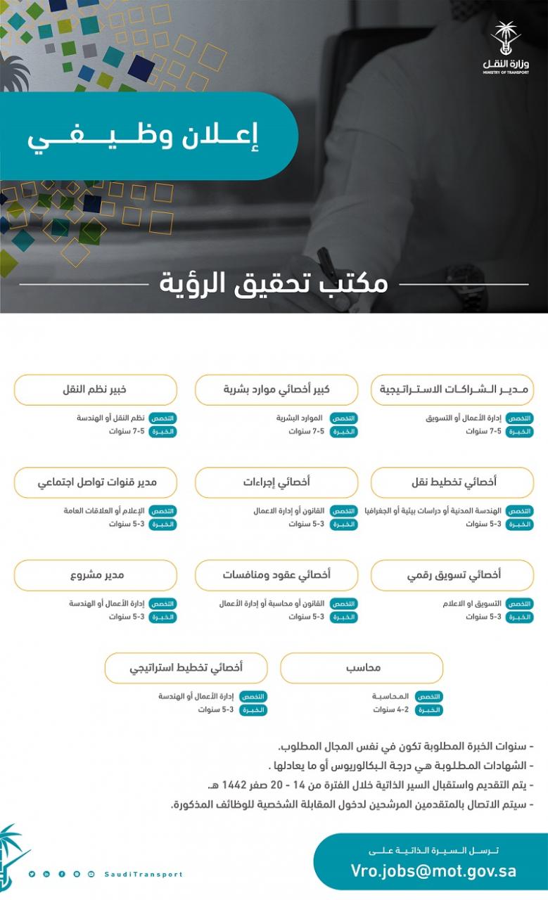 وزارة النقل تعلن 11 وظيفة إدارية وهندسية للجنسين حملة البكالوريوس وزارة النقل تعلن 11 وظيفة إدارية وهندسية للجنسين حملة البكالوريوس